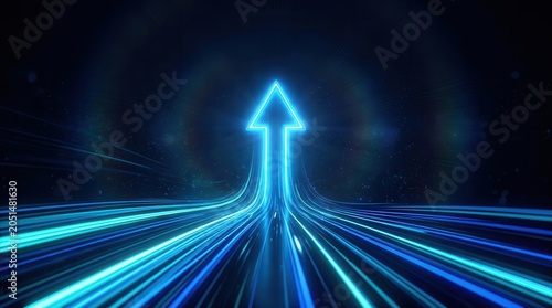 Glowing blue arrow moving forward in a digital light trail symbolizing business progress.