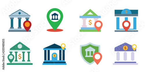 Bank Branch Locator Icon Set, Monotone Financial Map Pin Symbols for Banking Services, Navigation Apps and Business Vector Design