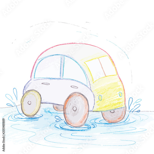 Colorful crayon drawing of a small car driving through puddles.