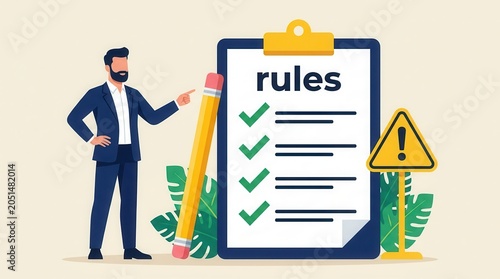 Businessman pointing at a checklist with rules and green checkmarks for compliance.