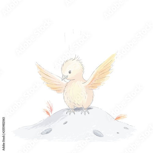 Cute cartoon baby chick standing on a small mound.