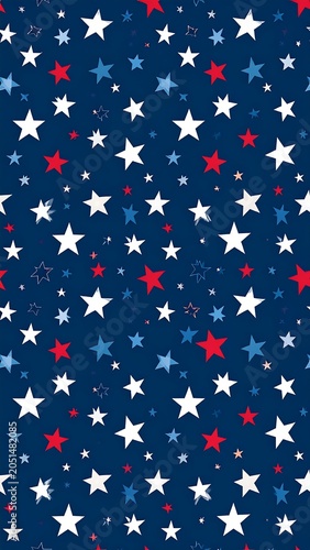A dark blue background with a scattering of white, red, and light blue stars of various sizes