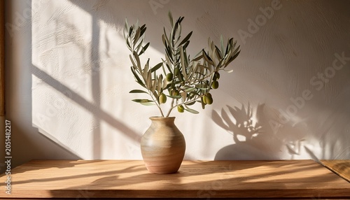 aesthetic home decor with olive branch in vase on wood table and plaster wall window sunlight shadow interior decoration in neutral boho style using natural material home design background