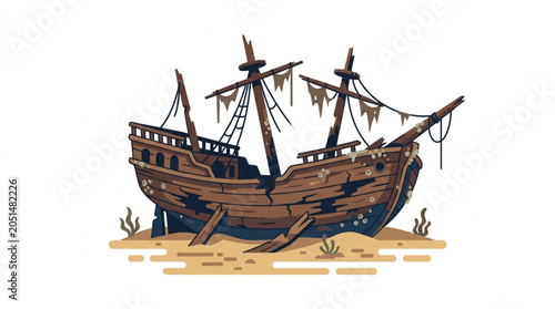 Foto Ancient wooden pirate ship wreck on sandy beach illustration.