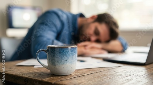 A tired man sleeping at a desk to address fatigue risk management and performance.