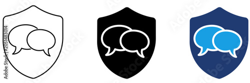 Reliable Customer Support and Service Guarantee Icon. Chat Bubbles inside Protection Shield representing Trusted Consultation, Helpline, and Privacy Policy.