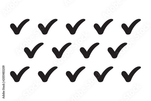 Twenty five black checkmarks on white background arranged in three rows with slight rotation black symbol