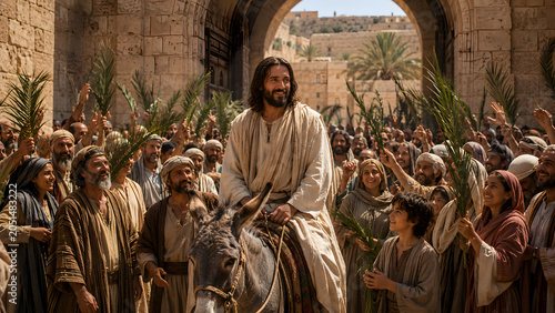 A cinematic depiction of Jesus Christ riding a donkey into Jerusalem, surrounded by a joyful crowd waving palm branches in a historic city setting.