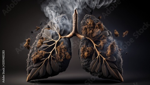 visualization of tobacco damage with charcoal lungs and smoke on dark background anti smoking banner