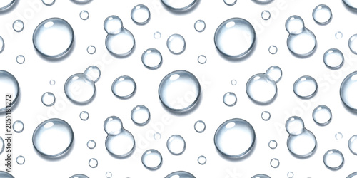Seamless pattern of realistic water bubbles and drops in different sizes isolated on white background