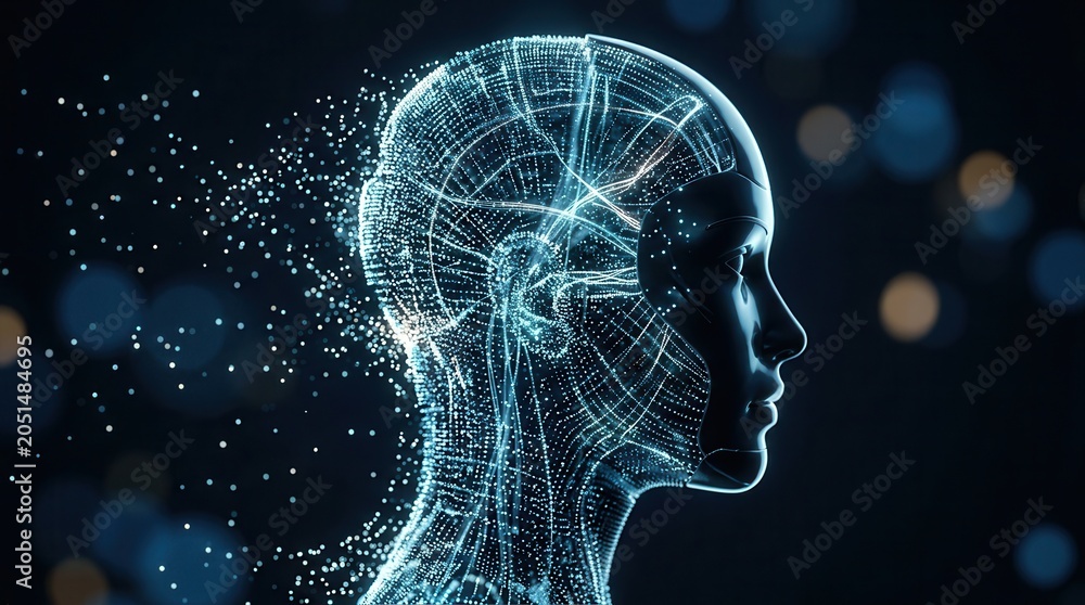 Obraz premium Humanoid figure composed of floating particles on a dark futuristic background.