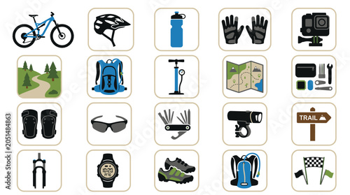 Cycling Sports Equipment Accessories Icons.
