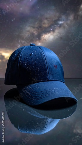 A dark blue baseball cap with water droplets, on reflective surface, against a starry night sky