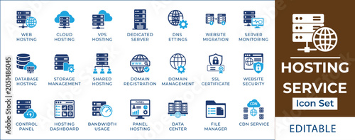 Fotografie Hosting service icon set featuring web server database, cloud hosting platform, panel control dashboard, network dns configuration, domain certificate, and cdn symbols