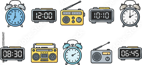 Set of retro alarm clocks, digital bedside timers, and vintage radio players, isolated vector illustration, time management icons.
