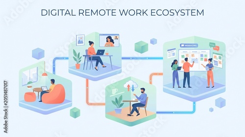 Digital Remote Work Ecosystem with Team Collaboration and Home Office Setup Illustration