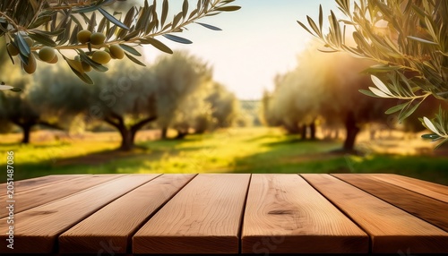 wooden table surface with blurred olive tree background for product display or presentation natural light