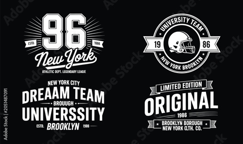 Varsity typography vector emblem set on black background for athletic apparel and t-shirt design