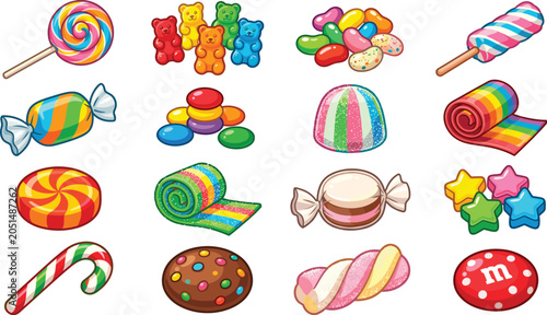 Colorful sweet candy set, vector illustration of hard candies, gummy bears and lollipops