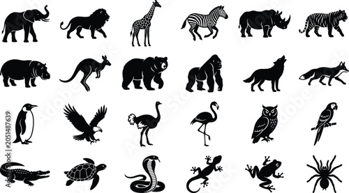 Photography Wild animals silhouettes vector set, cartoon zoo and safari wildlife shadows col