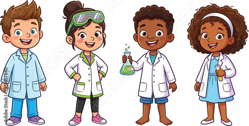 Cute kids scientists vector set, cartoon children in lab coats doing science experiments