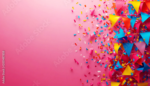 Colorful party bunting flags and floating confetti on bright pink background.