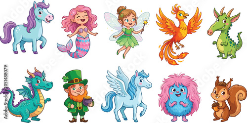 Cute mythical creatures vector set, fairytale fantasy animals, cartoon magical characters collection