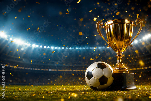 Golden trophy cup and soccer ball on green grass with stadium background at night with golden confetti.