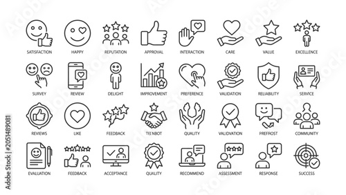 Collection of black line icons for customer satisfaction and feedback concepts  various symbols for business and service ratings