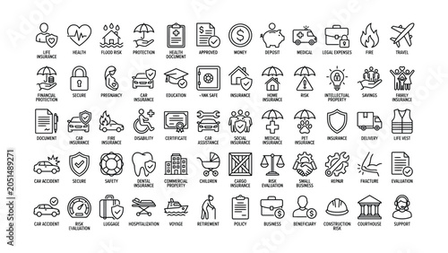 Collection of black line icons and text labels related to insurance and financial protection concepts  various services and risks covered