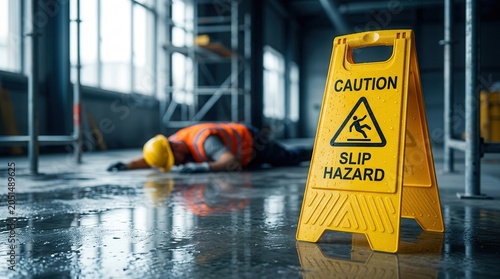 A yellow caution cone on a wet floor with a fallen worker in the background representing a slip and fall accident.