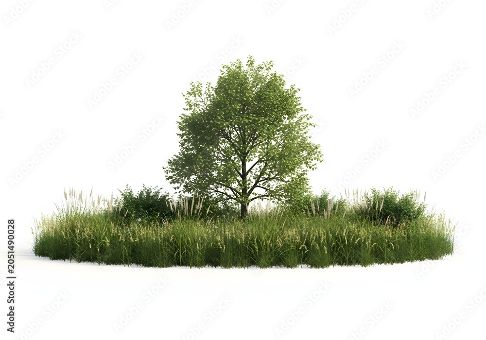 Fototapeta premium Small nature island with a tree and tall grass. Micro environment and ecosystem concepts. Single green tree surrounded by wild meadow vegetation