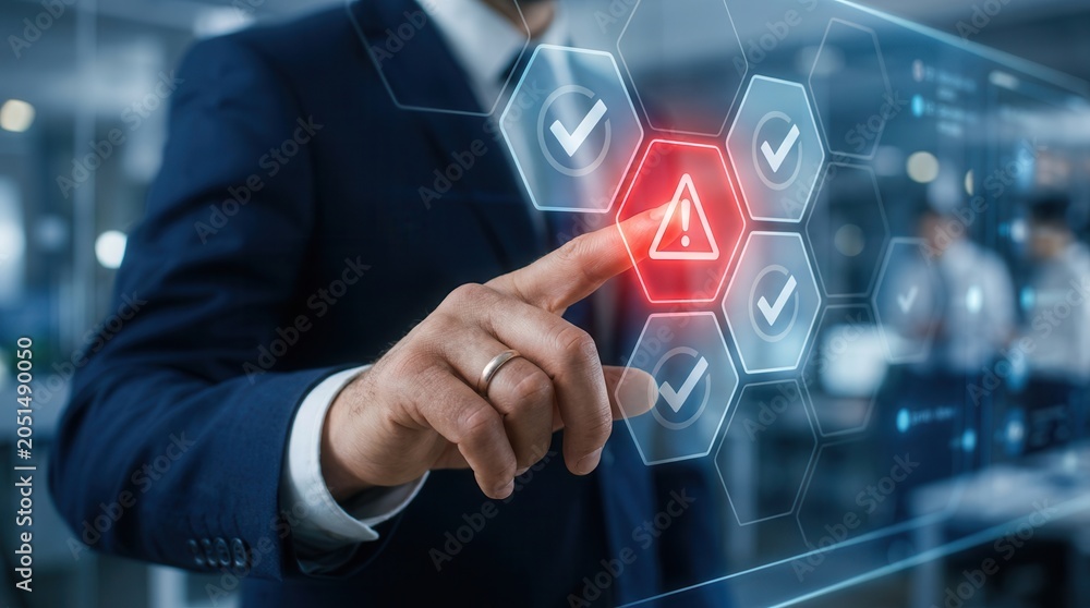 Obraz premium Businessman touching a triangle caution warning sign for error notification and maintenance.