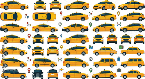 Schilderij op canvas Complete Yellow Taxi Cab Vector Icon Collection Featuring Different Vehicle Mode