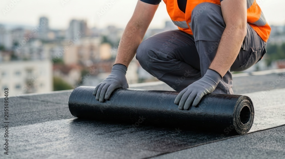 Naklejka premium Construction worker installing a bituminous membrane waterproofing system on a flat roof.