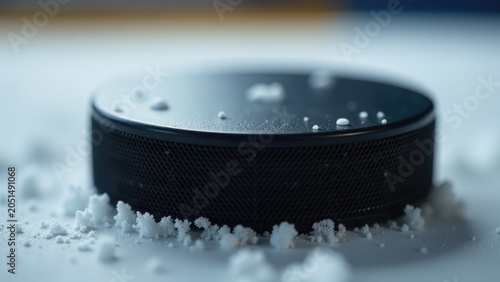 A hockey puck sits atop a snowy hill, awaiting the start of winter games