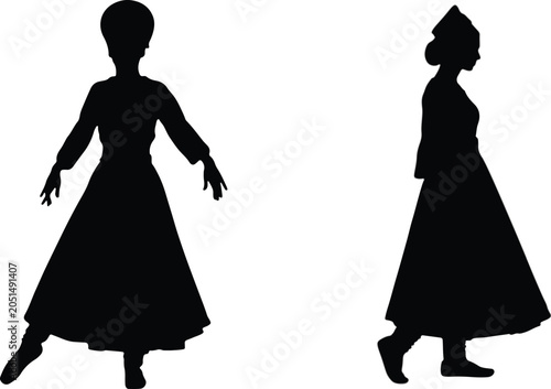 Fotografie A professional minimalist vector silhouette set featuring women dancing in traditional folk dresses and cultural dress icons in image_b3bbe8