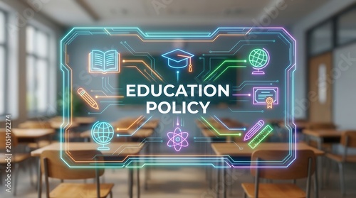 Digital education policy concept featuring academic learning symbols in a classroom setting.