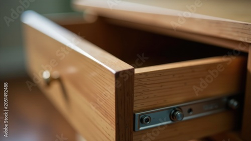 A close-up view of a wooden drawer on a table, with details visible