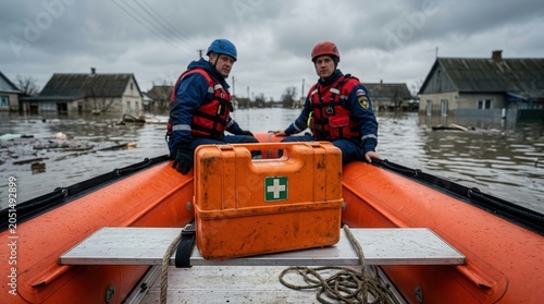 Emergency response team conducts flood disaster rescue operation in an inflatable boat.