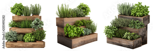 Set of Plant Box Filled with Herbs and Plants on transparent png background. Ai generated