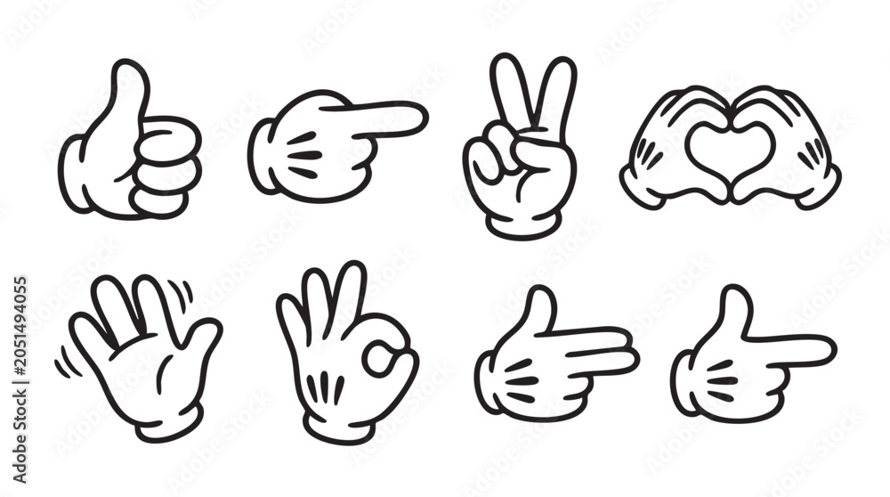 Fototapeta premium Hand gestures, thumbs up, peace signs, vector icons, hand signs, communication symbols