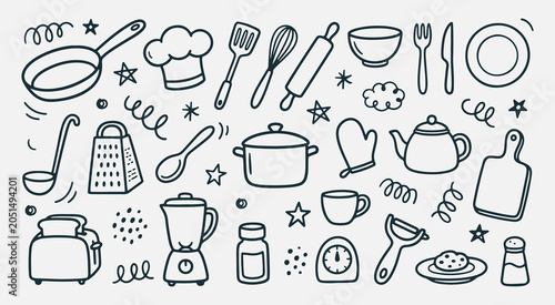 Vászonkép Hand drawn cooking doodle set with kitchen utensils equipment and chef icons in