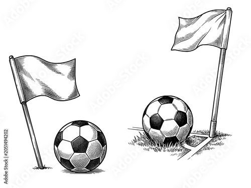 Obraz na plátně Corner Kick Setup Engraving Set Isolated White Background
