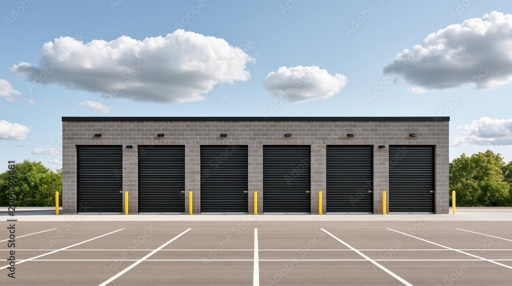 Fototapeta premium Row of self-storage units with black roll-up doors and parking lot