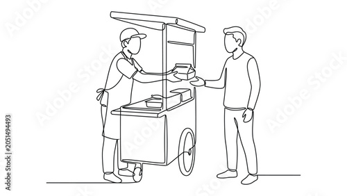 Continuous line drawing Man buying food from street vendor.