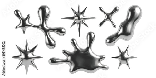 Set of abstract liquid chrome shapes and metallic star elements for modern graphic design projects isolated on white background