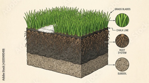 Soil cross section diagram with grass blades and roots in vector illustration.