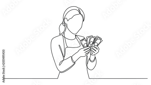 Continuous line drawing of woman holding money.