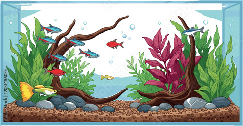 Schilderij op canvas Aquarium Fish Tank Vector Illustration with Neon Tetras Guppy Aquatic Plants Dri